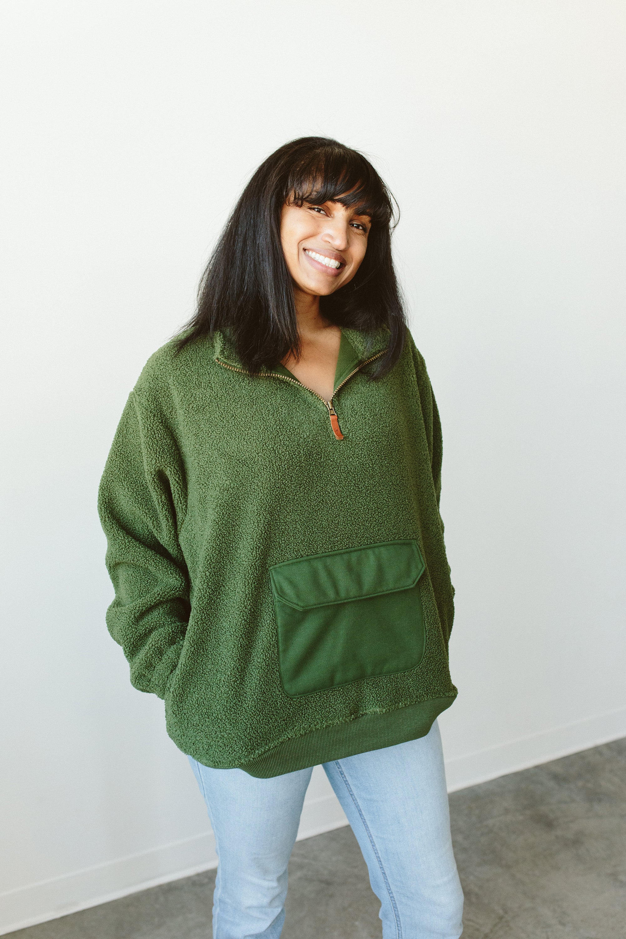 ADULT SHERPA ZIP PULLOVER | SPRUCE