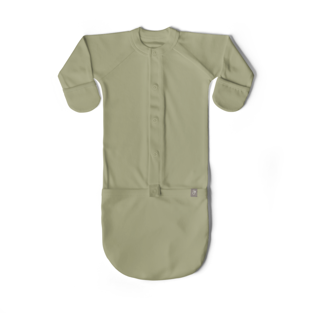 24 HOUR CONVERTIBLE GOWN in solid artichoke green, with long sleeves, integrated mitts, snap front and convertible foot pocket