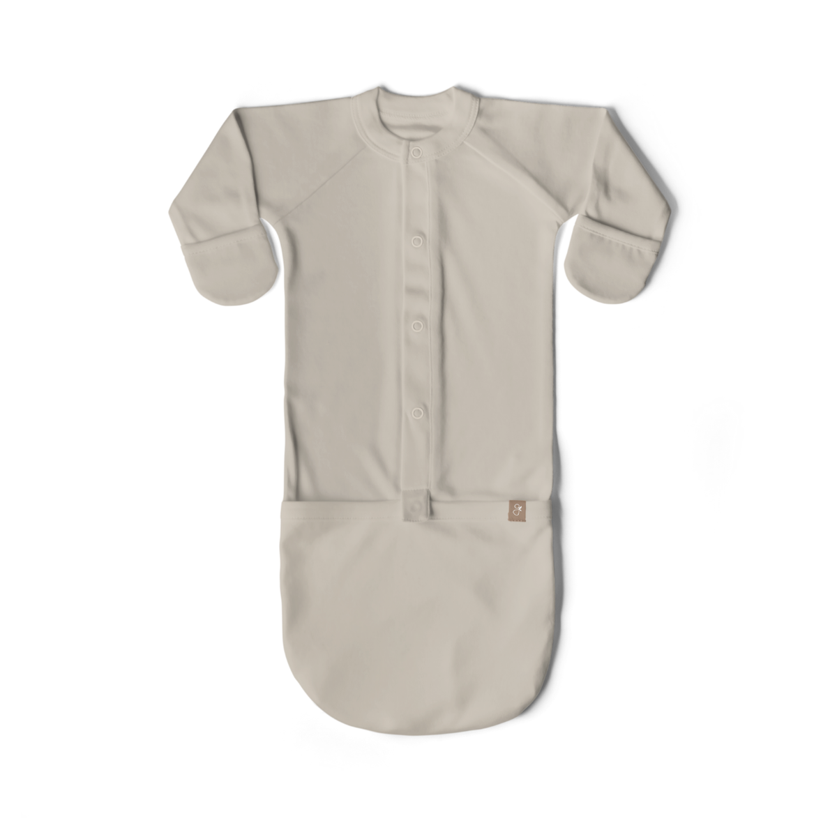 24 HOUR CONVERTIBLE GOWN in solid birch beige, with long sleeves, integrated fold-over mitts, front snaps and a foot pocket