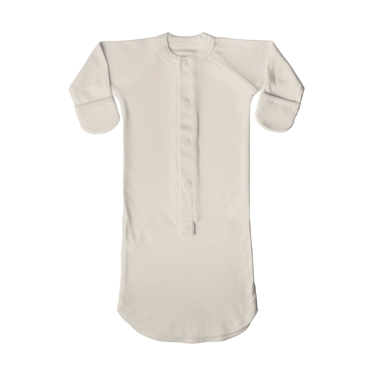24 HOUR CONVERTIBLE GOWN in soft birch-colored fabric, with long sleeves, integrated mitts, and a snap-front design