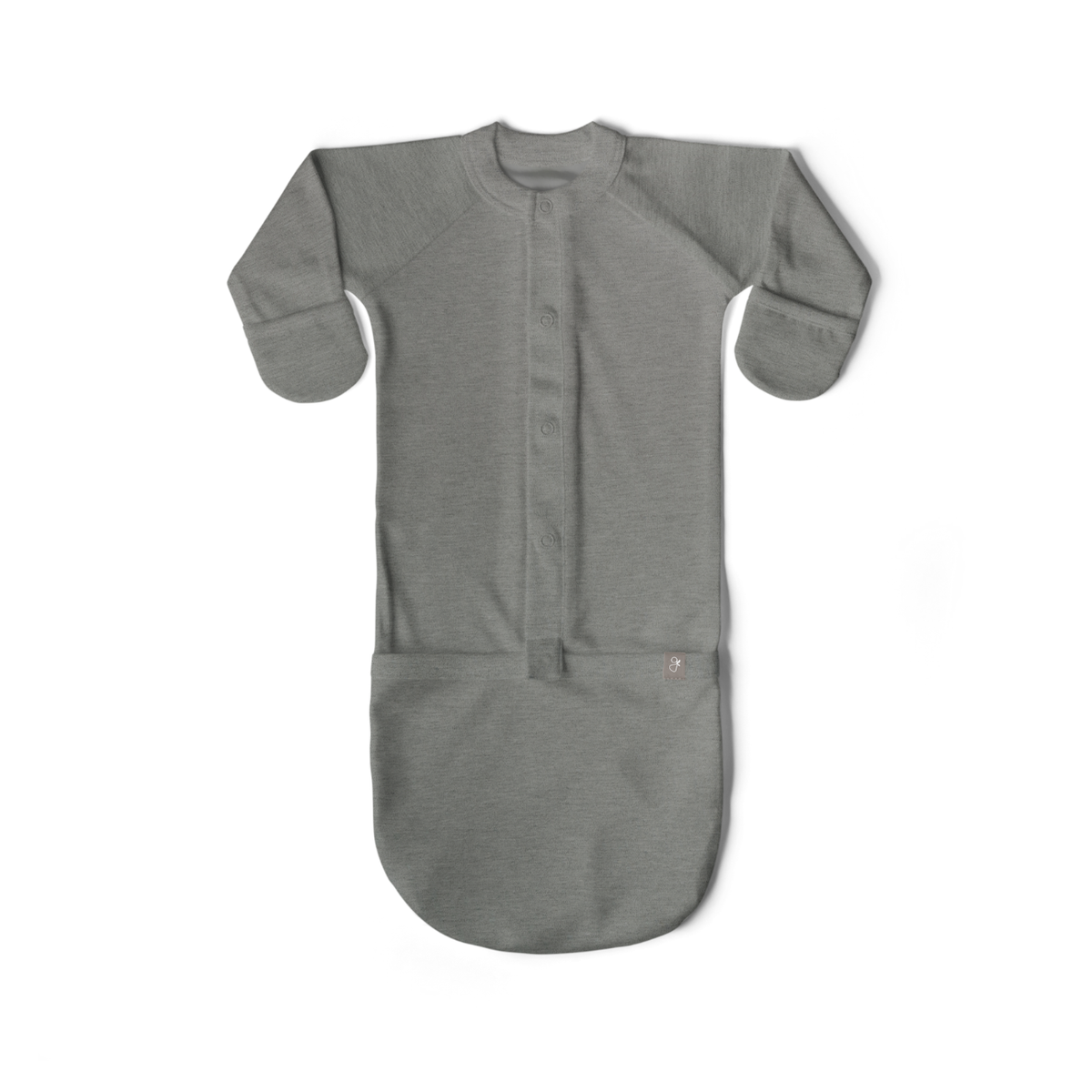 24 HOUR CONVERTIBLE GOWN in solid charcoal gray, soft knit fabric with front snaps, integrated mitts, and rounded foot pocket