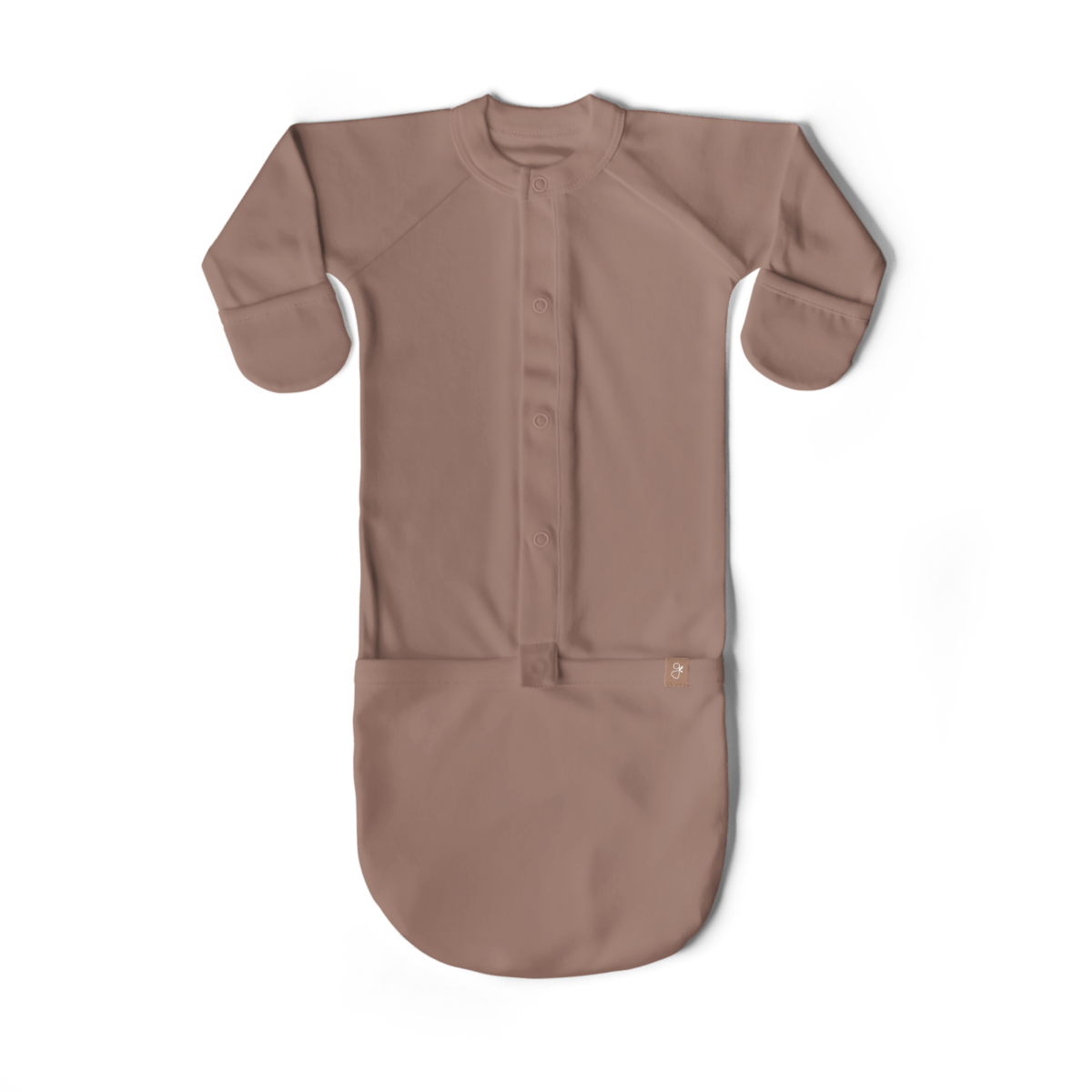24 HOUR CONVERTIBLE GOWN in muted mauve, with a soft solid fabric, front snaps, fold-over mitts and a convertible foot pouch