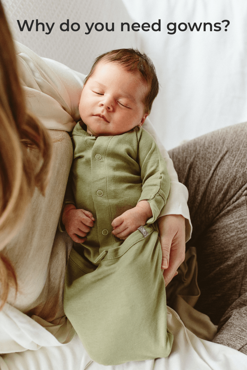 24 HOUR CONVERTIBLE GOWN in sage green, soft fabric with a button front, long sleeves and gathered foot pocket