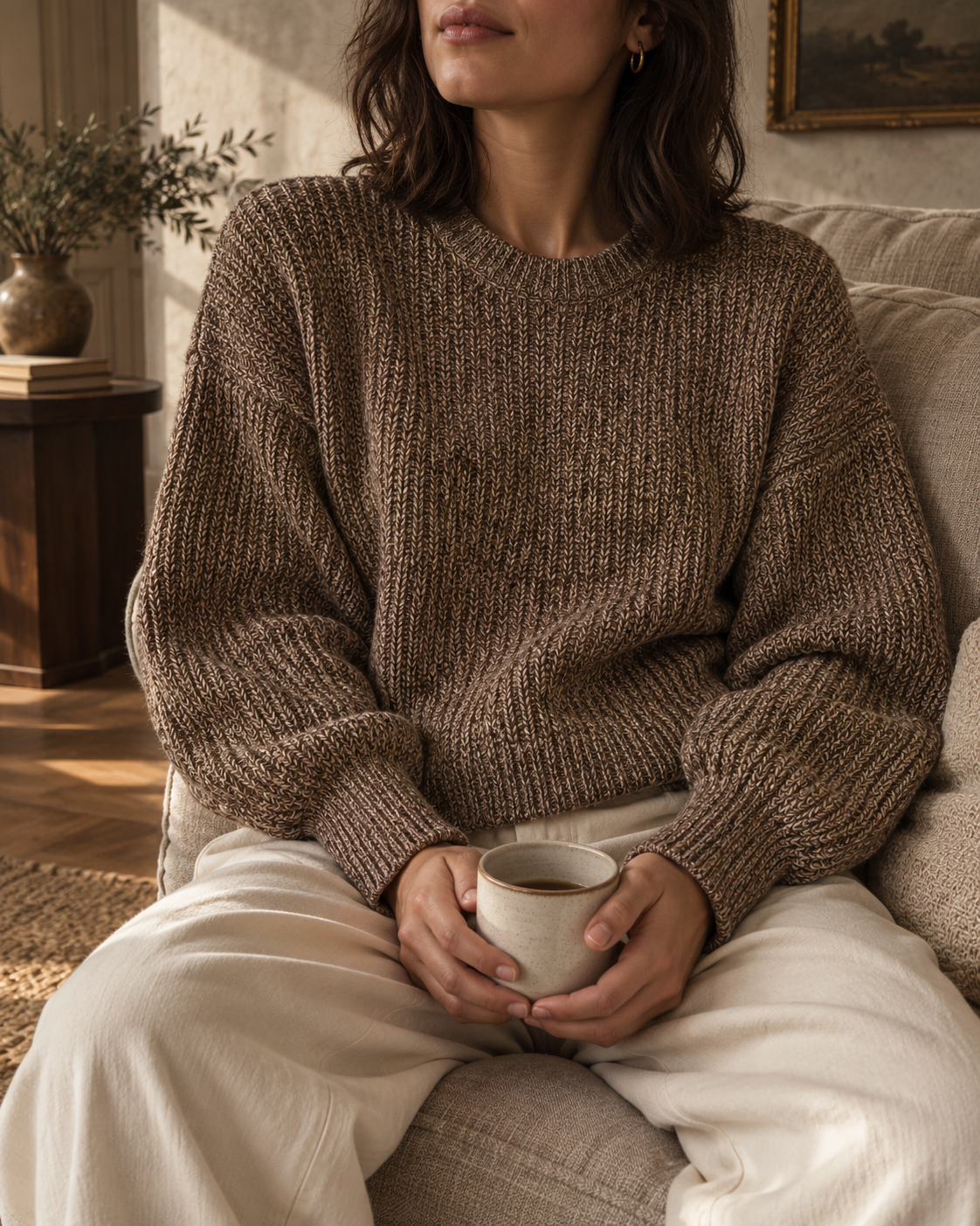 Goumi women's chunky knit sweater in bark brown, showing the relaxed fit and textured stitch