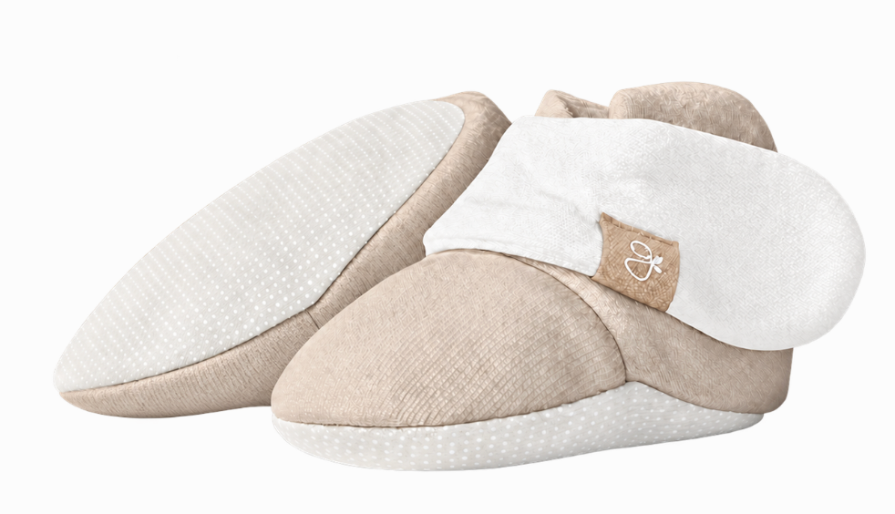 Goumi Kids Sandstone Stay-On Baby Boots – tan booties with non-slip gripper soles