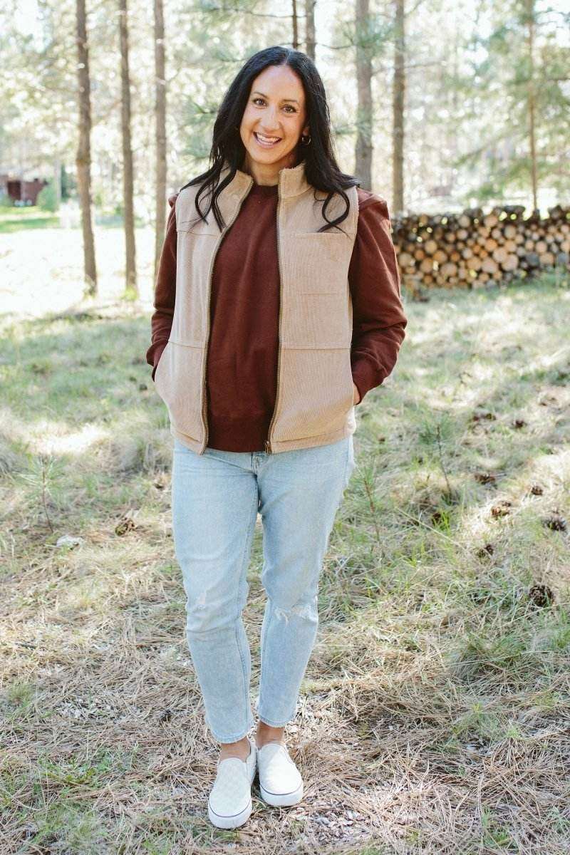 ADULT SHERPA/CORDUROY REVERSIBLE VEST in beige corduroy with a soft sherpa lining, zip front and pockets