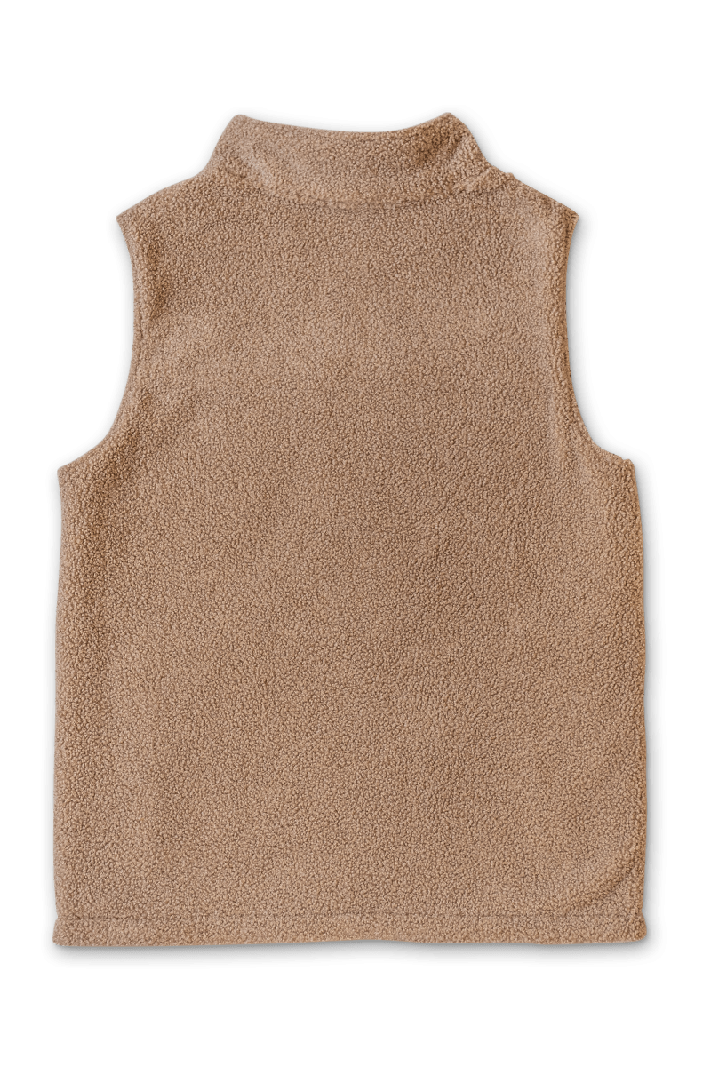 ADULT SHERPA/CORDUROY REVERSIBLE VEST in champignon tan sherpa, sleeveless with a high collar and black edging