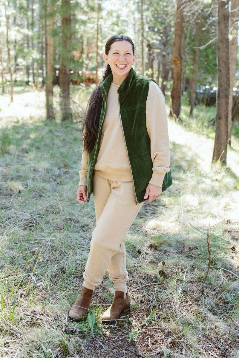 ADULT SHERPA/CORDUROY REVERSIBLE VEST in deep spruce green corduroy, sleeveless with a front zipper and stand collar