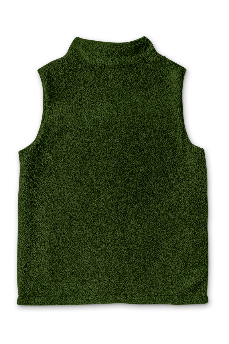 ADULT SHERPA/CORDUROY REVERSIBLE VEST in deep spruce green, with a soft textured sherpa finish, stand collar and sleeveless cut