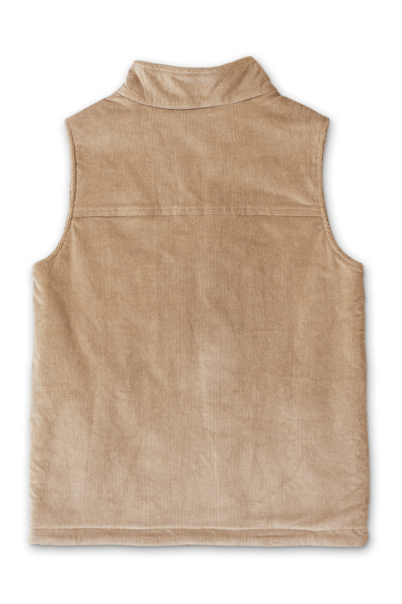 ADULT SHERPA/CORDUROY REVERSIBLE VEST in tan corduroy, sleeveless with a high collar and smooth panel seams