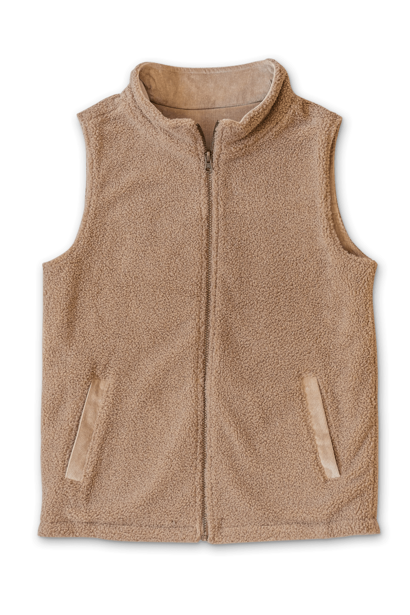 ADULT SHERPA/CORDUROY REVERSIBLE VEST in warm tan sherpa fleece, with a stand collar, front zip and angled pockets