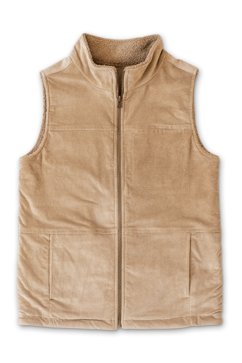 ADULT SHERPA/CORDUROY REVERSIBLE VEST in tan corduroy, with a plush sherpa collar, front zipper and patch pockets