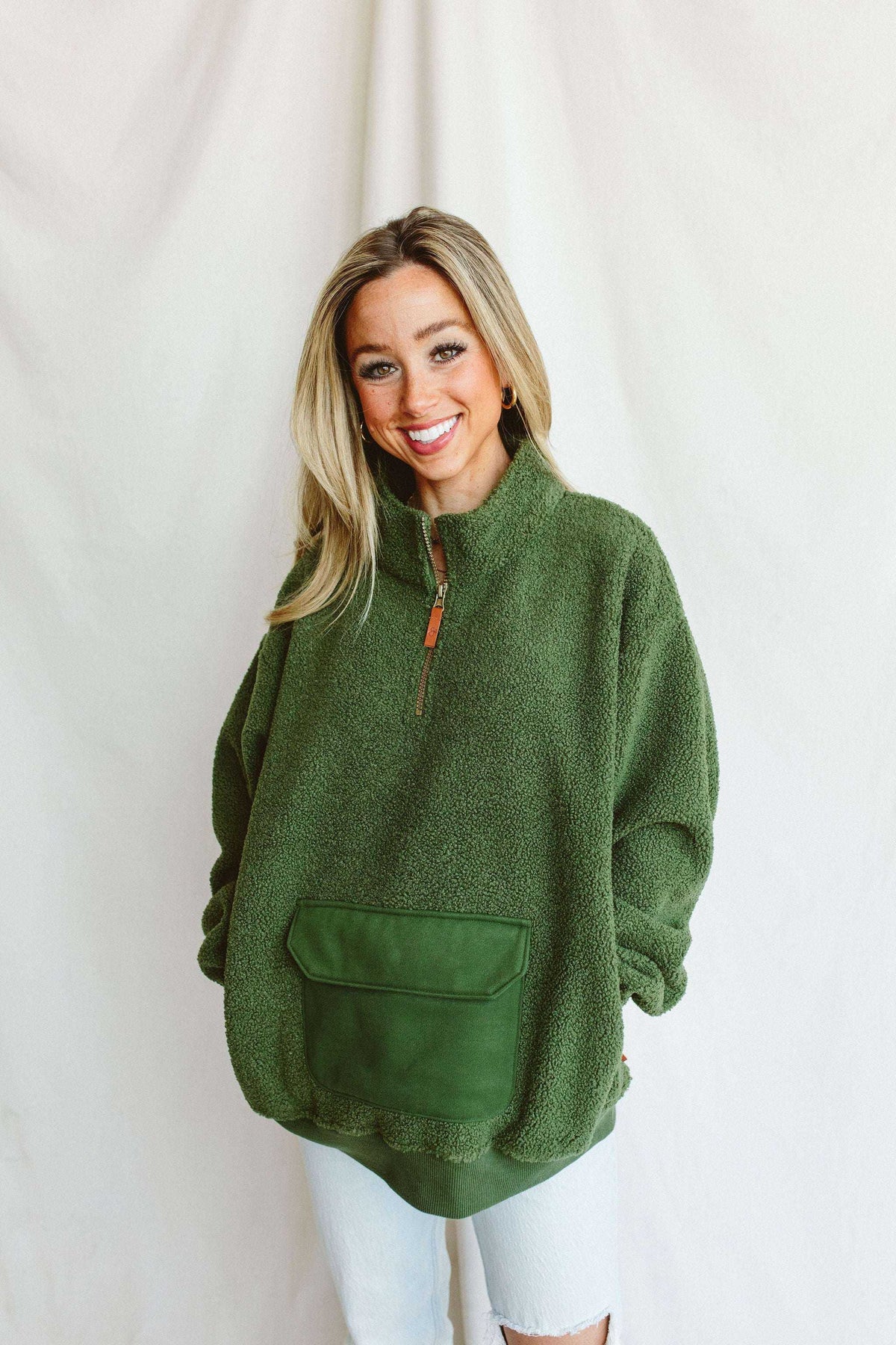 Adult Sherpa Zip Pullover in forest green plush fleece with a quarter-zip collar and large front pouch pocket