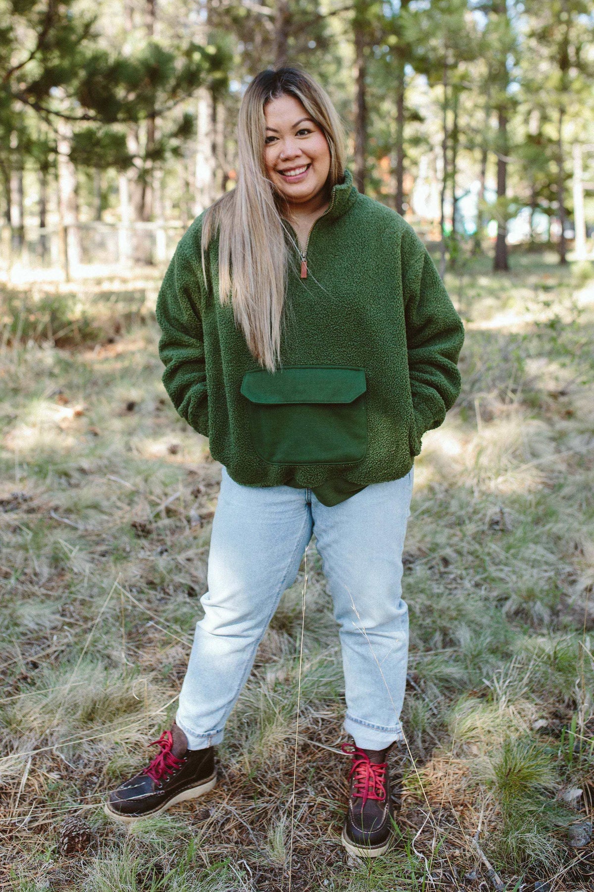 Adult Sherpa Zip Pullover in forest green plush sherpa, featuring a half zip and a large front pocket
