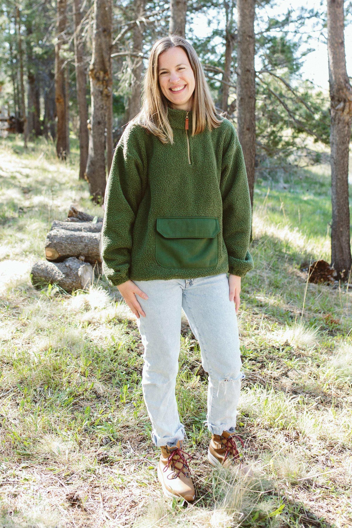 Adult Sherpa Zip Pullover in dark spruce green with plush fleece texture, quarter zip, and a large front pocket