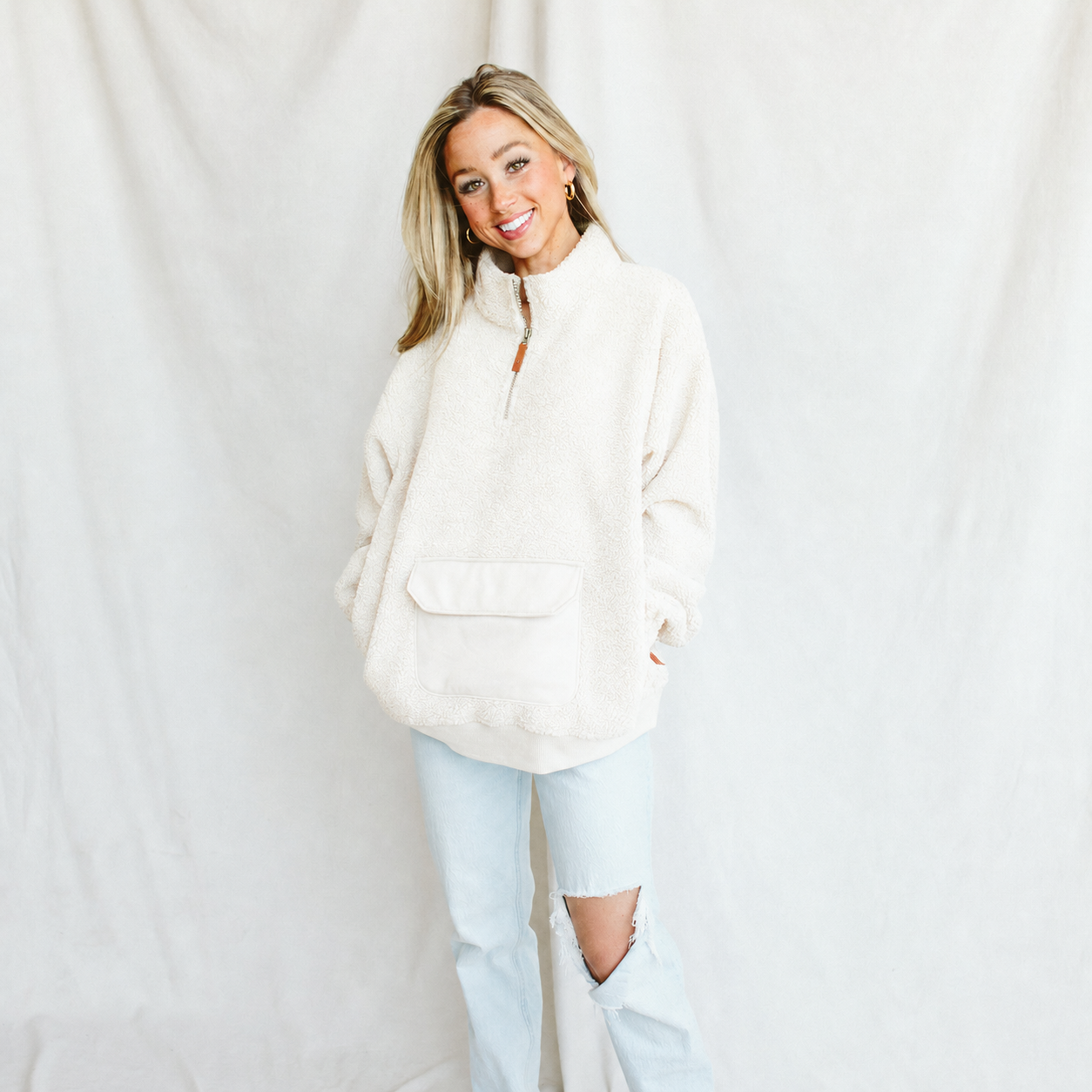 ADULT SHERPA ZIP PULLOVER | ALABASTER