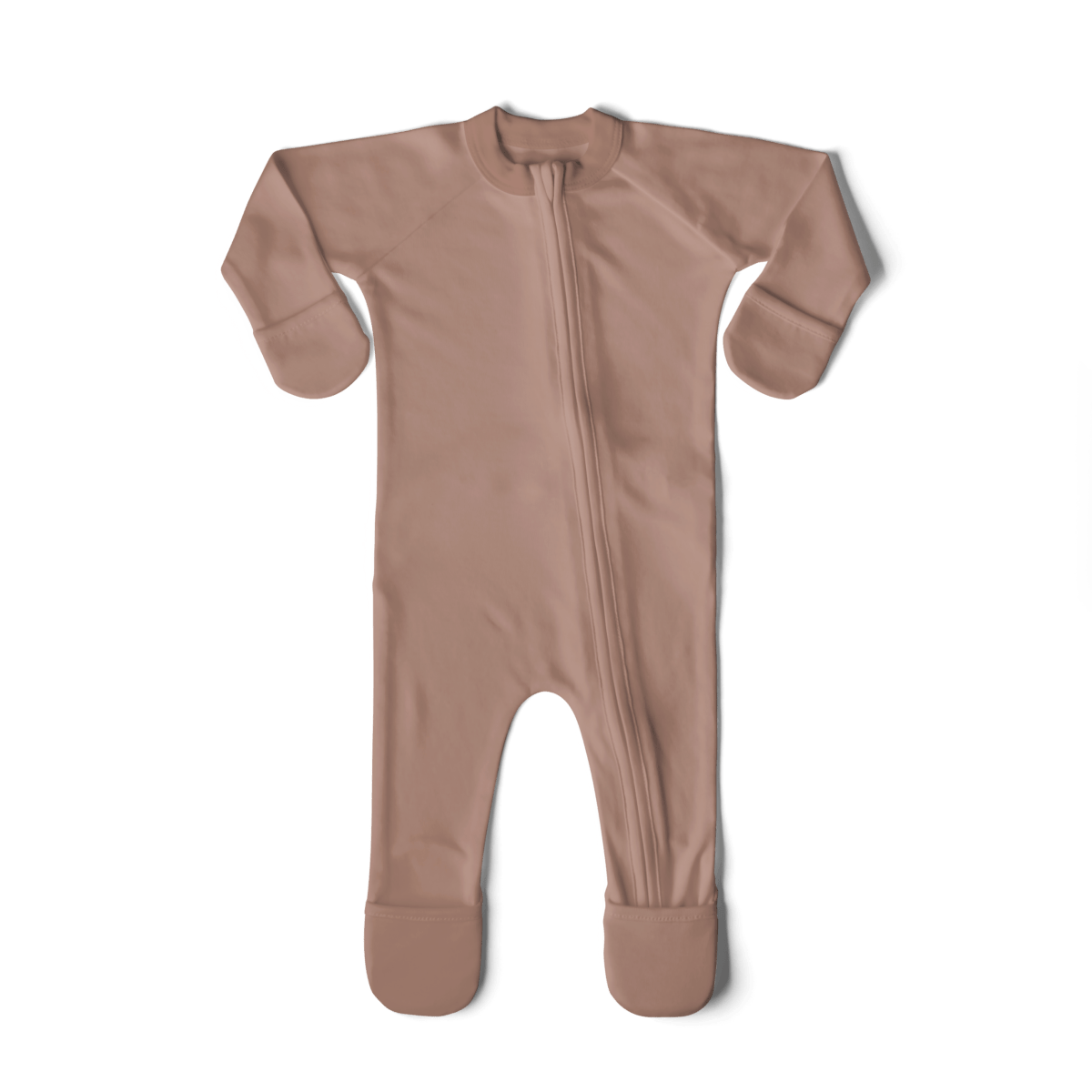 GROW WITH YOU FOOTIE in solid dusty rose, with a soft knit finish, long sleeves, fold-over mitts and foot cuffs