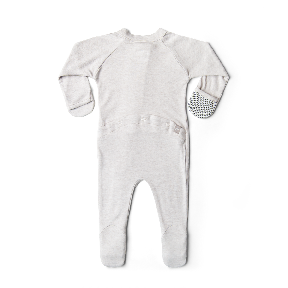 GROW WITH YOU FOOTIE in light gray soft fabric with built-in mitts and enclosed feet