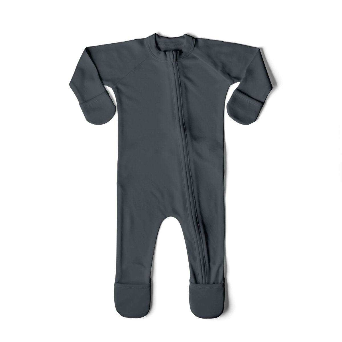 GROW WITH YOU FOOTIE in midnight charcoal, a solid-color baby jumpsuit with a front zipper and fold-over mitts and feet