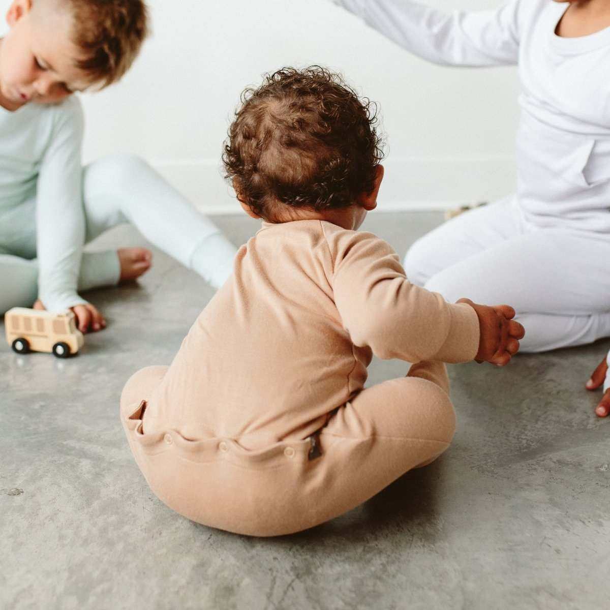 GROW WITH YOU FOOTIE baby convertible romper in sandstone beige bamboo cotton with covered feet and bum flap