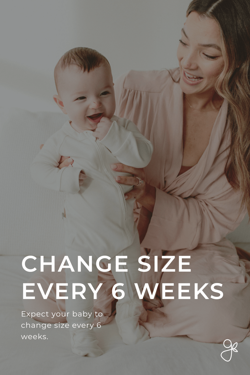 GROW WITH YOU FOOTIE size-change graphic featuring an infant in a white footed romper beside a woman