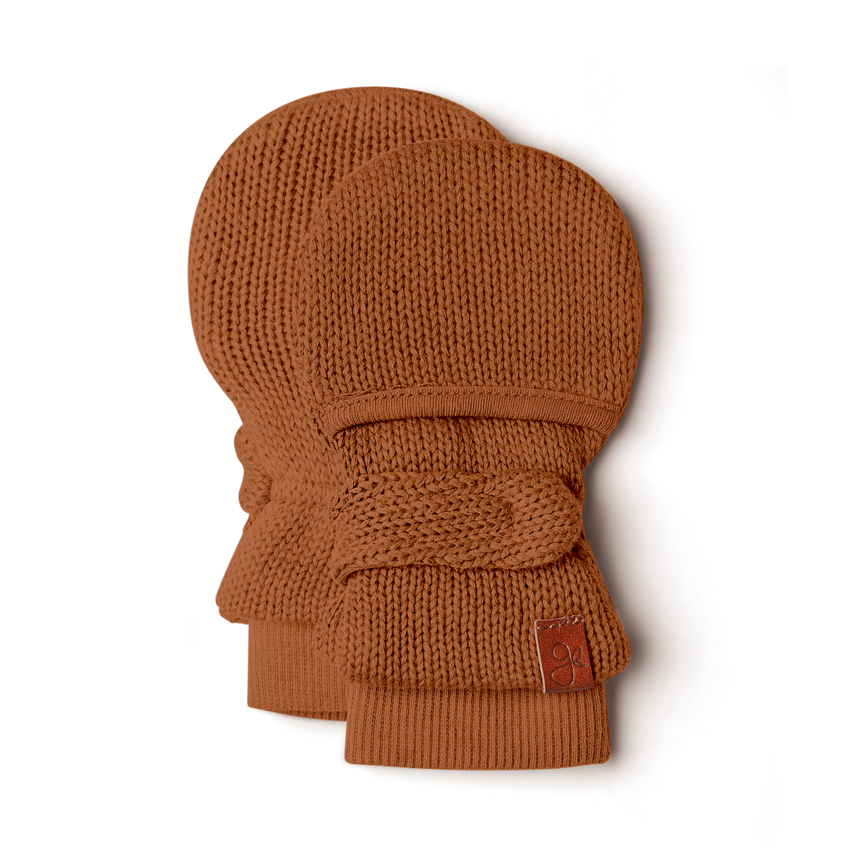 Knit Mitts in clay-brown organic knit cotton with a textured pattern, ribbed cuffs and adjustable wrap closure