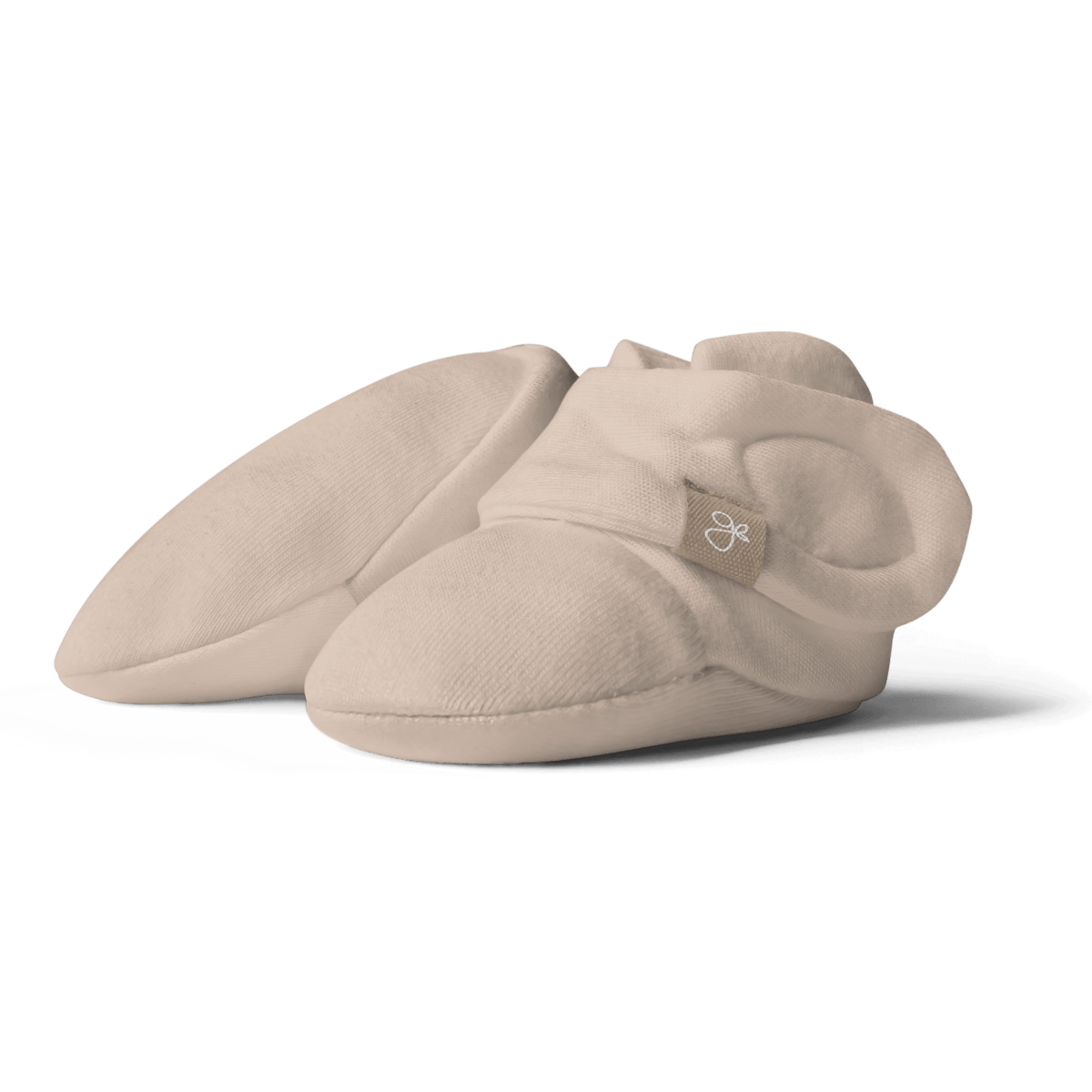MITTS AND BOOTS in soft sandstone beige fabric, with rounded toes, folded cuffs and a small woven brand tag