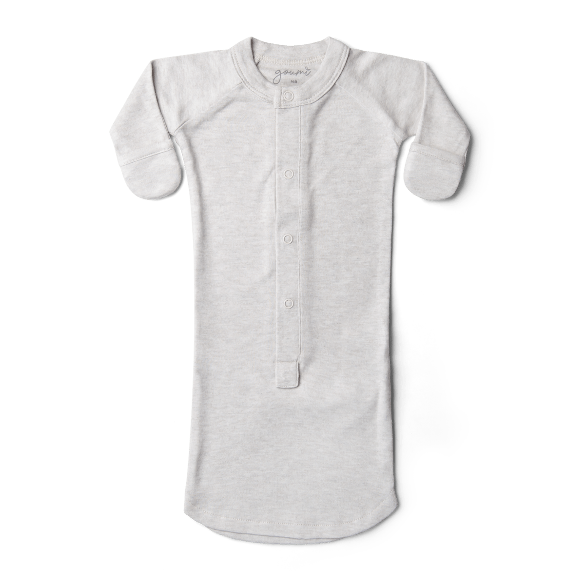 PREEMIE 24 HOUR CONVERTIBLE GOWN in light gray heathered fabric, with long sleeves, fold-over mitts and snap-front closure