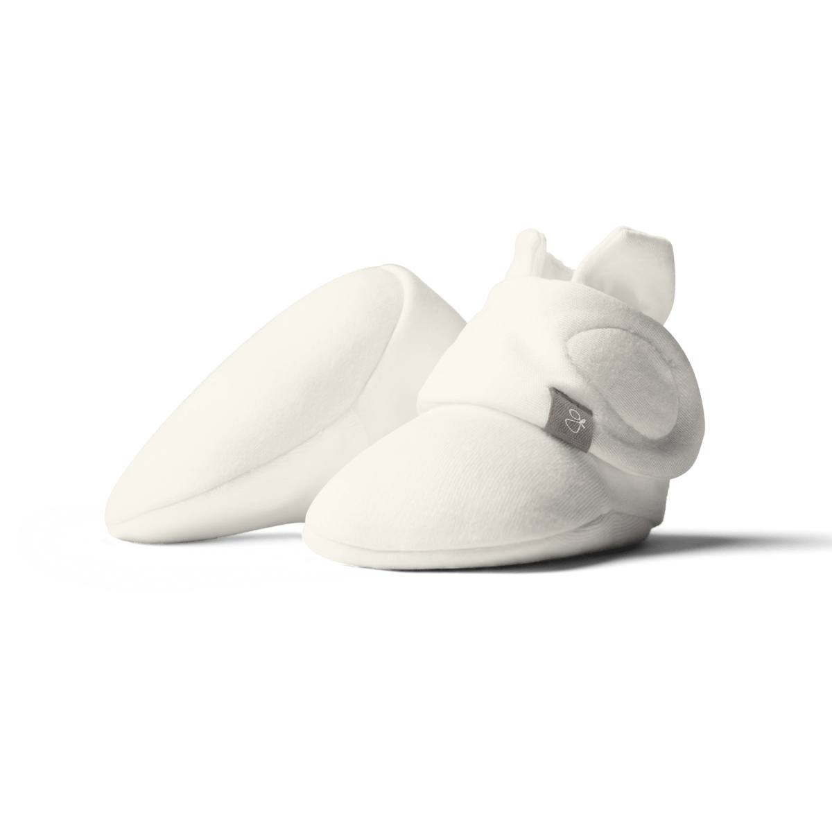 PREEMIE BOOTS in soft cloud-white fabric with a rounded toe, ankle cuff and adjustable wraparound closure