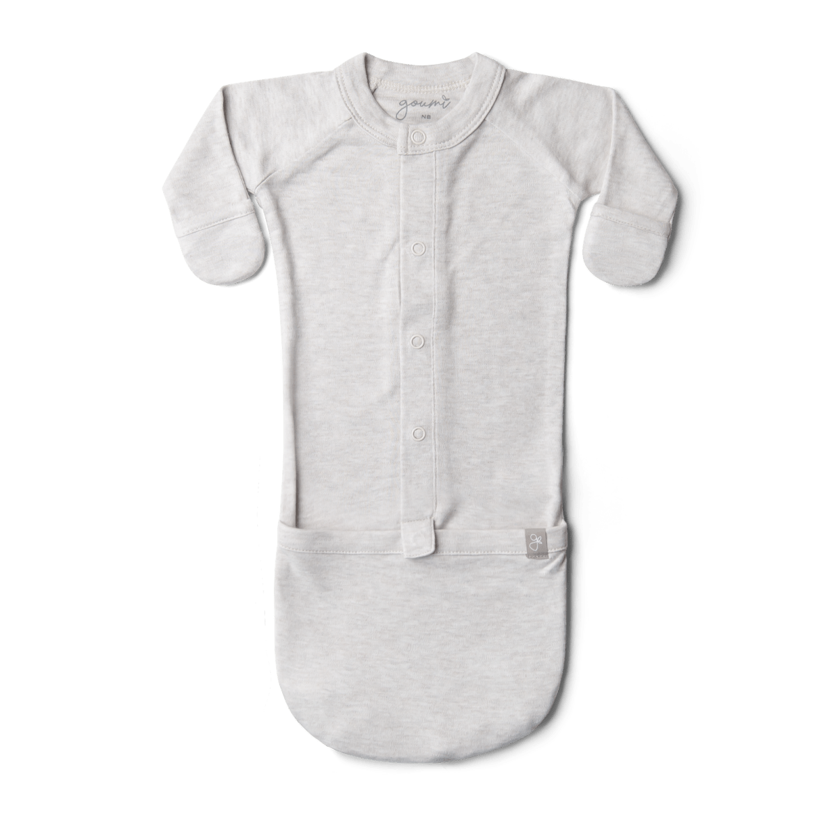 Goumi Kids Storm Gray Baby Layette Gift Set – stay-on mitts & boots, convertible sleeper gown, grow-with-you footie, gift-packaged – flat lay