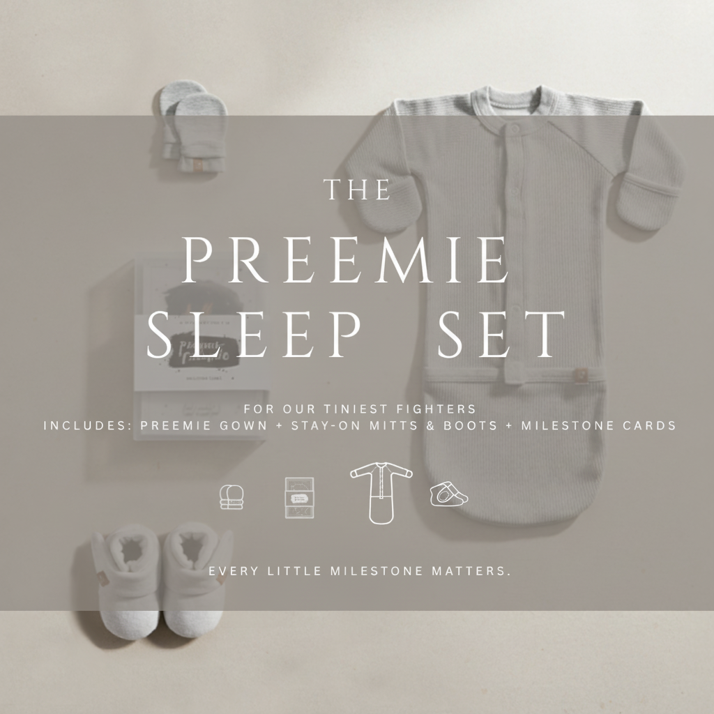 Preemie Sleep Set with a light gray wrap gown, matching mitts and boots, plus milestone cards