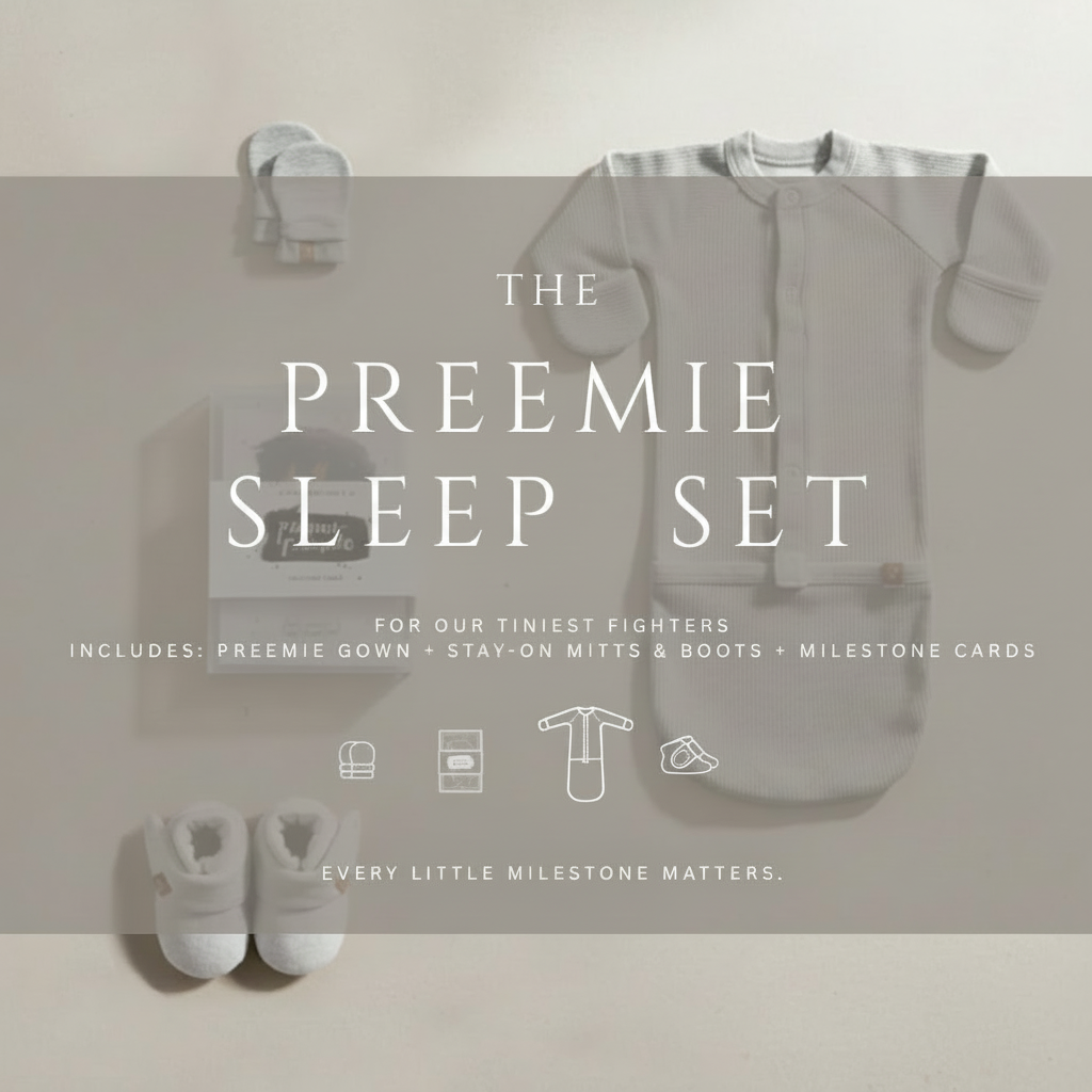Preemie Sleep Set in light gray ribbed knit includes a wrap gown, matching mitts, boots and milestone cards