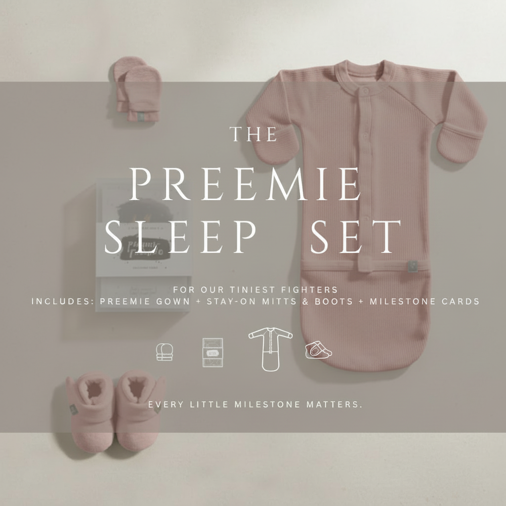 Preemie Sleep Set in dusty rose, featuring a ribbed convertible gown, matching stay-on mitts and soft booties