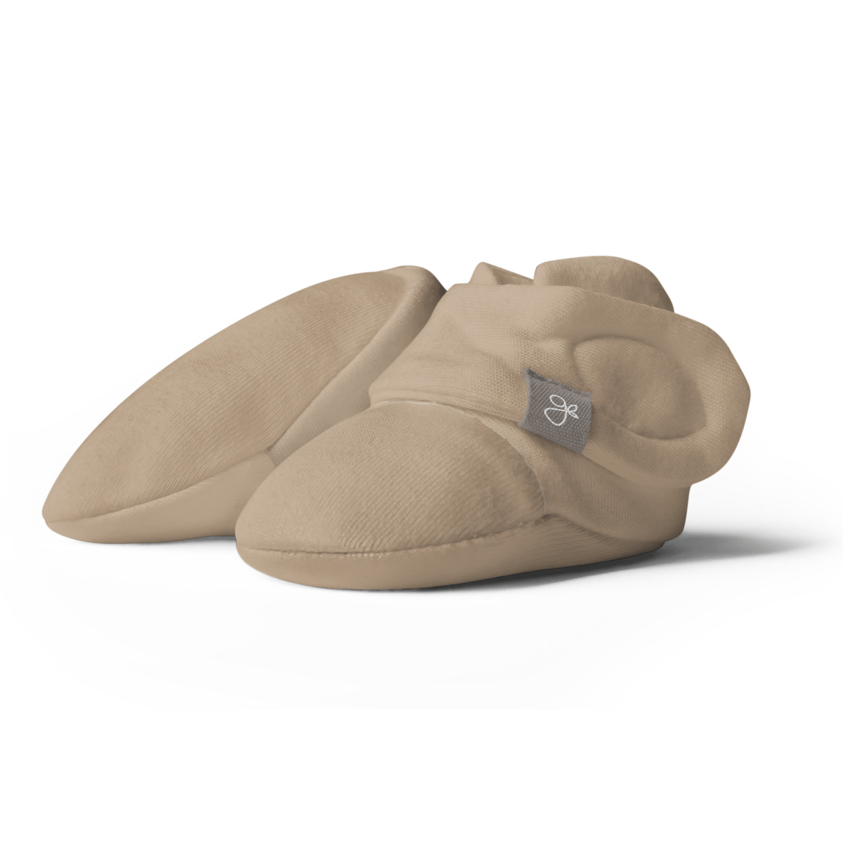 Preemie Sleep Set includes sandstone-colored soft fabric baby boots with rounded toes and a small gray logo tab.