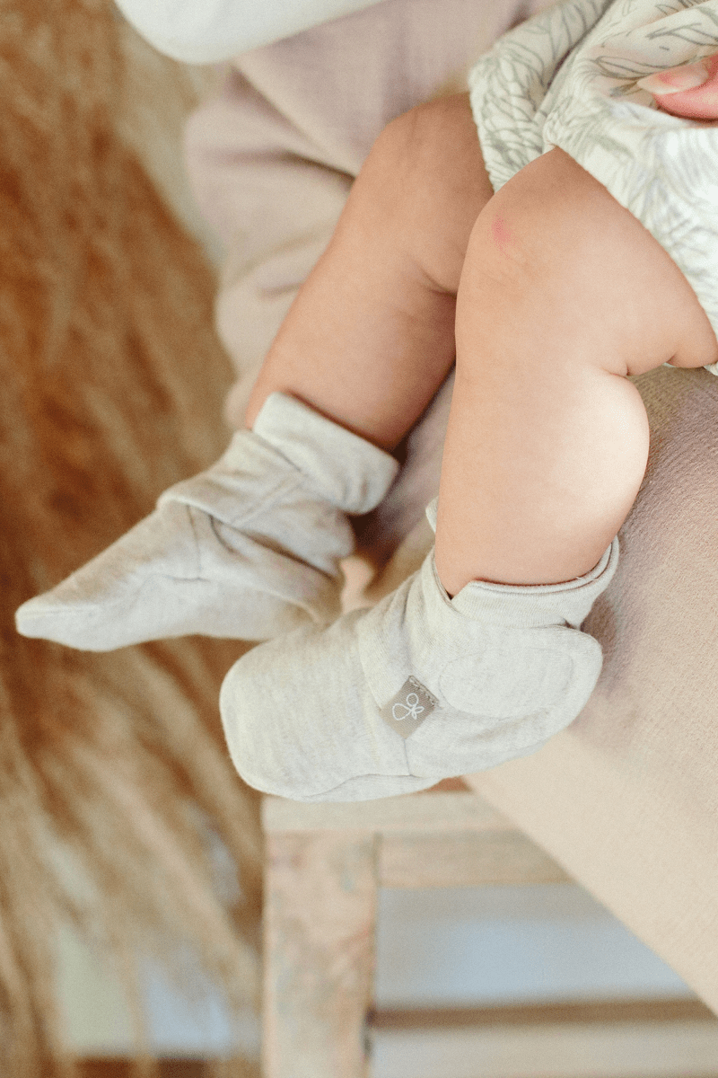 PREEMIE STAY ON BOOTS in soft light gray bamboo cotton blend with adjustable wraparound closure
