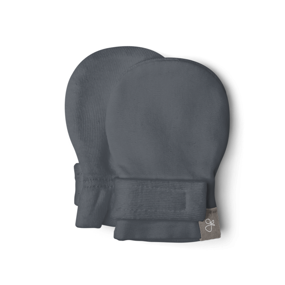 PREEMIE STAY ON MITTS in charcoal gray, made of soft knit fabric with adjustable wraparound wrist closures and logo tags.