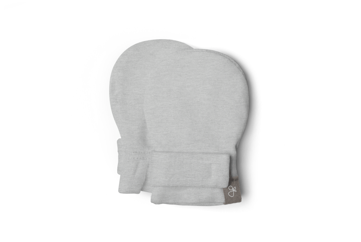 PREEMIE STAY ON MITTS in light gray, soft-looking knit fabric with wide cuffs and a small white logo
