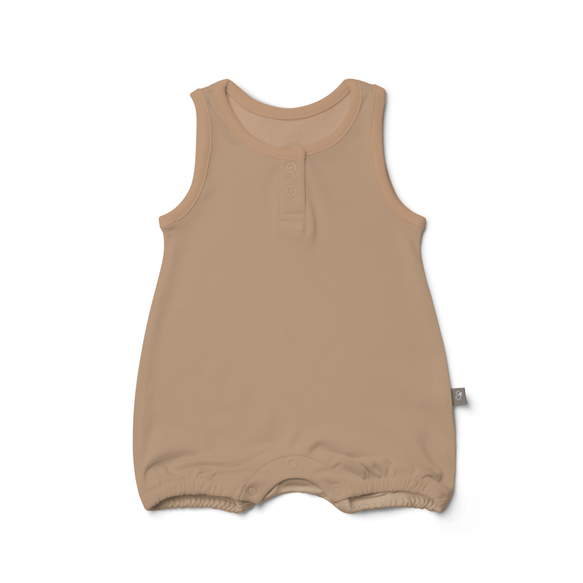 QUICK CHANGE ROMPER in warm sandstone tan, with a soft solid fabric, sleeveless cut, front buttons and bottom snaps