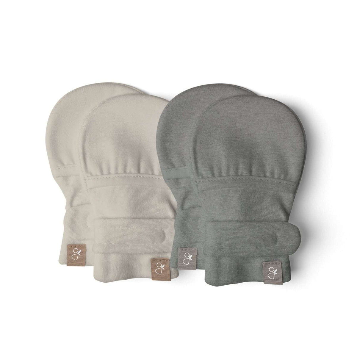 Quiet Night Starter Set includes soft cream and gray baby mitts with fold-over cuffs and woven logo tags