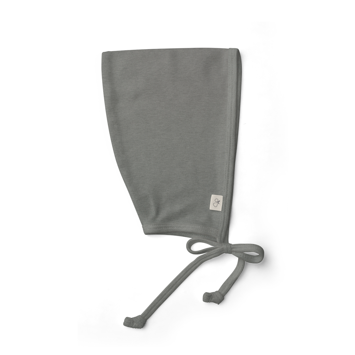Quiet Night Starter Set baby bonnet in solid grey fabric with a soft, tapered shape and long tie straps
