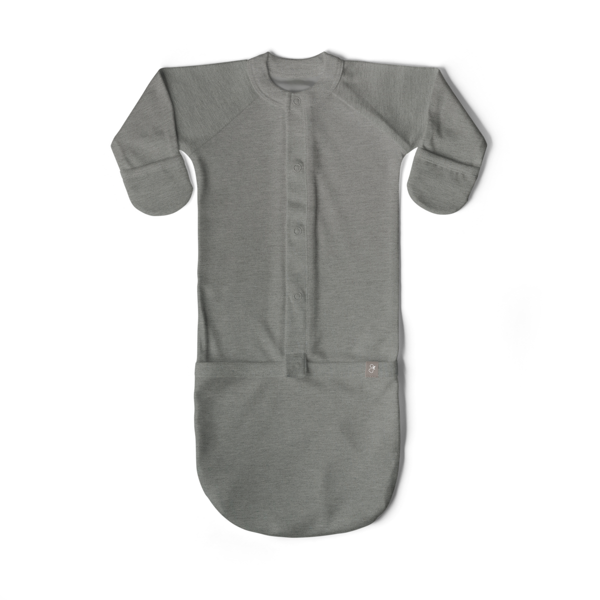 Quiet Night Starter Set includes a grey heathered newborn gown in soft knit fabric, with front snaps and fold-over cuffs