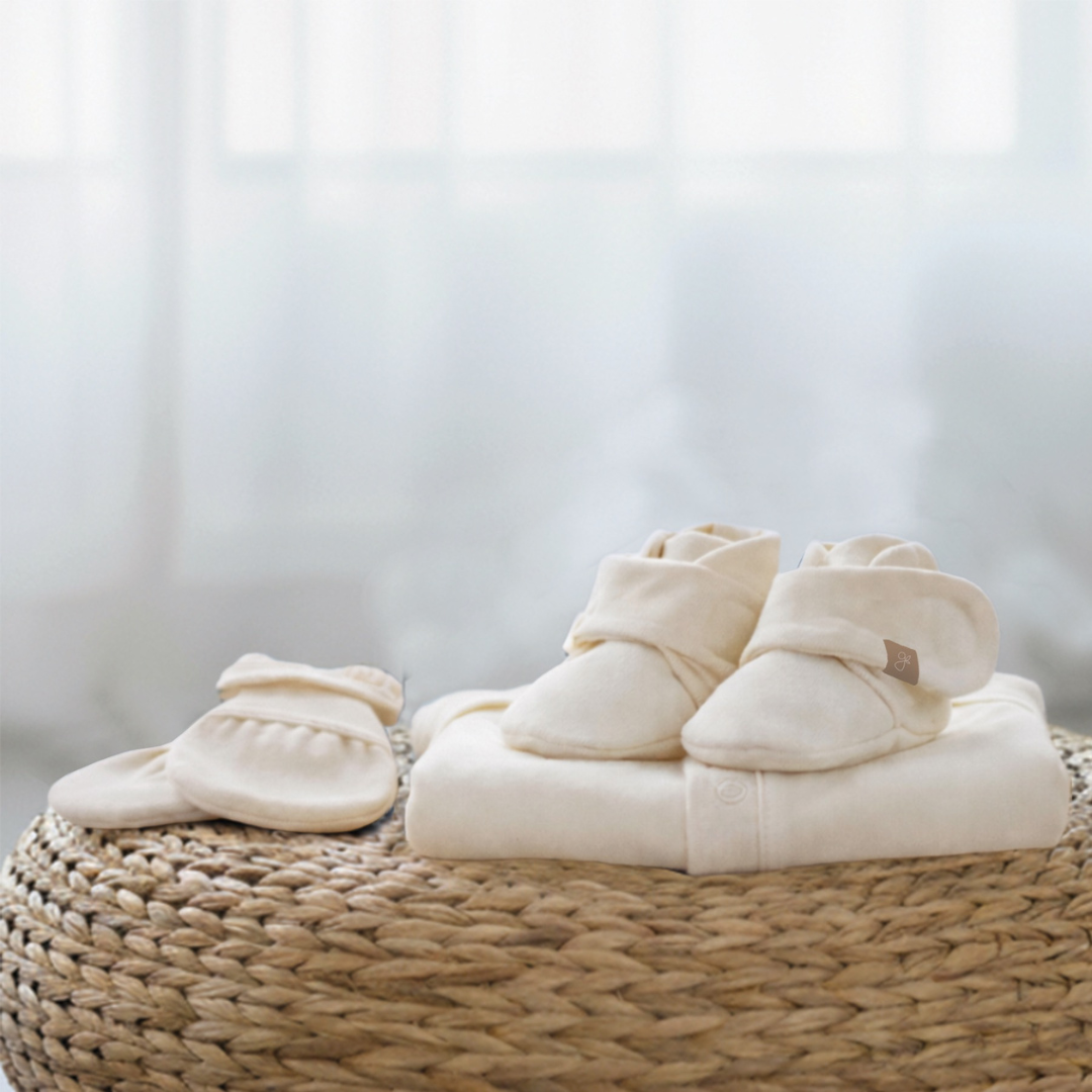 Quiet Night Starter Set with an ivory convertible gown, matching stay-on mitts and soft boots in a solid neutral finish