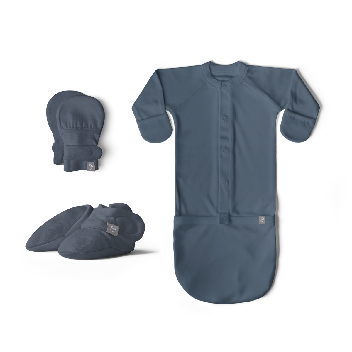 Quiet Night Starter Set in midnight blue, featuring a smooth long-sleeve convertible gown, matching stay-on mitts and soft booties