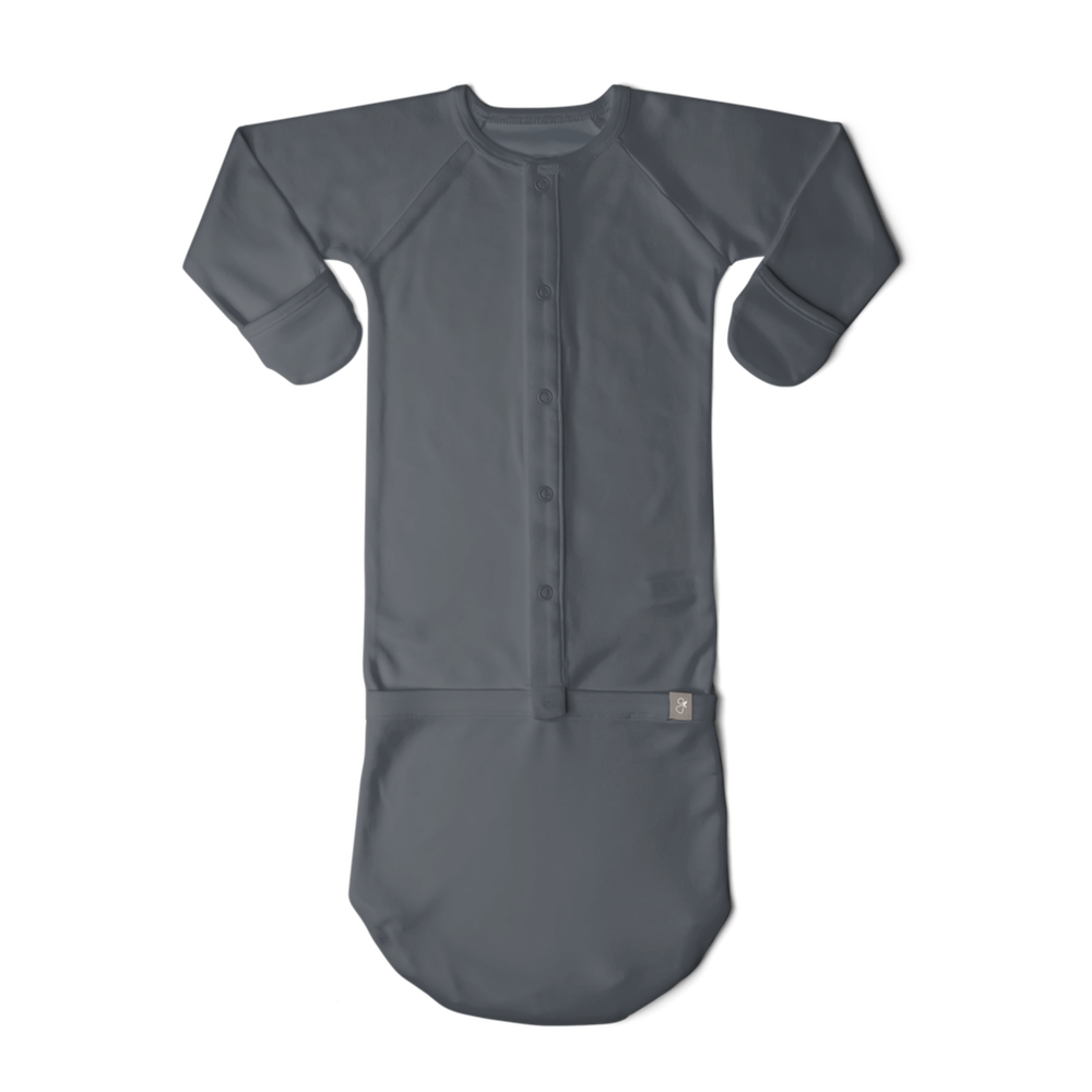 Quiet Night Starter Set in midnight grey, featuring a soft long-sleeve convertible baby gown with a button front