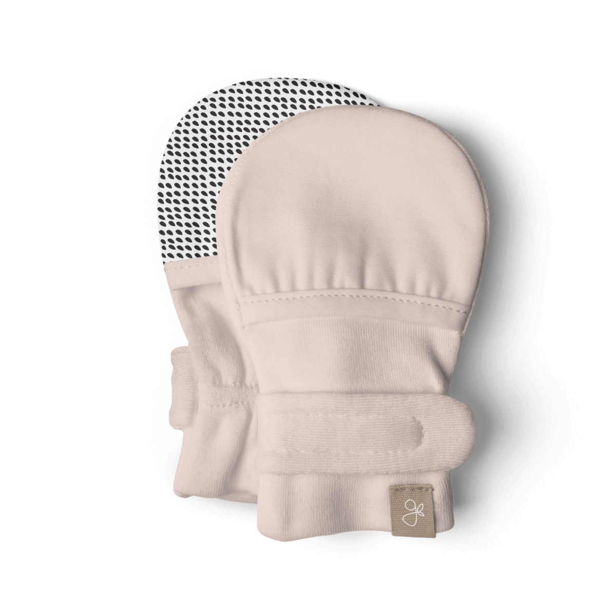 Quiet Night Starter Set baby mitts in soft rose fabric, with a solid cuff and contrasting black dotted grip palms