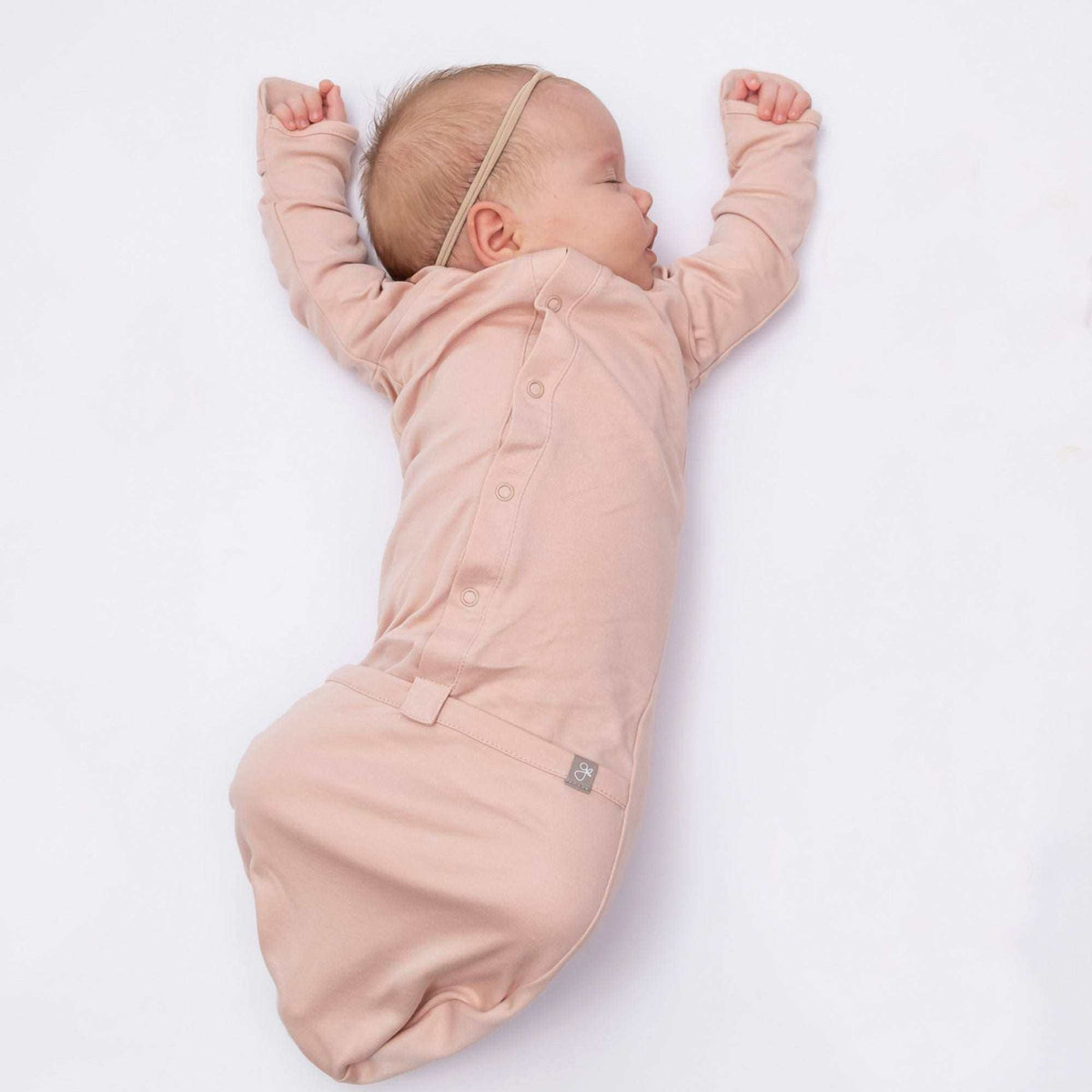 Quiet Night Starter Set in dusty rose bamboo-cotton fabric, featuring a long-sleeve convertible gown with snap closures