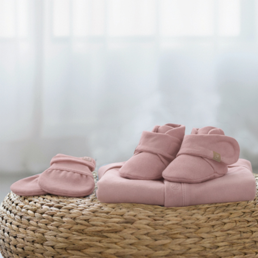 Quiet Night Starter Set in dusty rose, with a soft knit gown, matching mitts and cozy wraparound booties