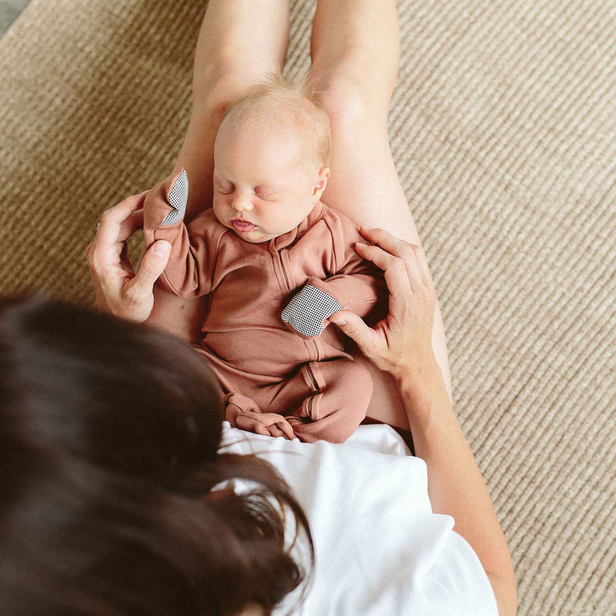 Quiet Night Starter Set in rust-brown convertible baby gown with coordinating gray patterned stay-on mitts