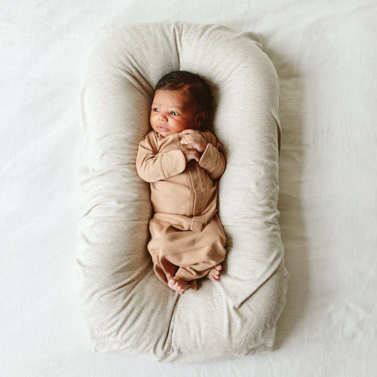 Quiet Night Starter Set in sandstone, featuring a soft tan convertible gown with fold-over mitts and enclosed feet