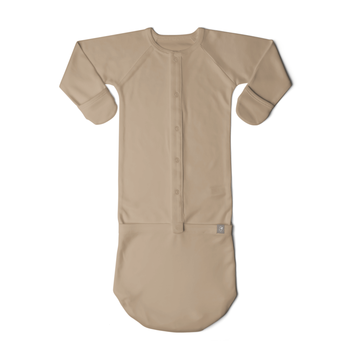 PREEMIE 24 HOUR CONVERTIBLE GOWN in solid sandstone beige, with soft fabric, long sleeves, snap-front closure, and a gathered sack bottom.